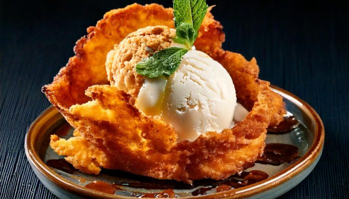 Firefly Fried ice cream served in a crispy shell with a scoop of vanilla ice cream on top, dessert,